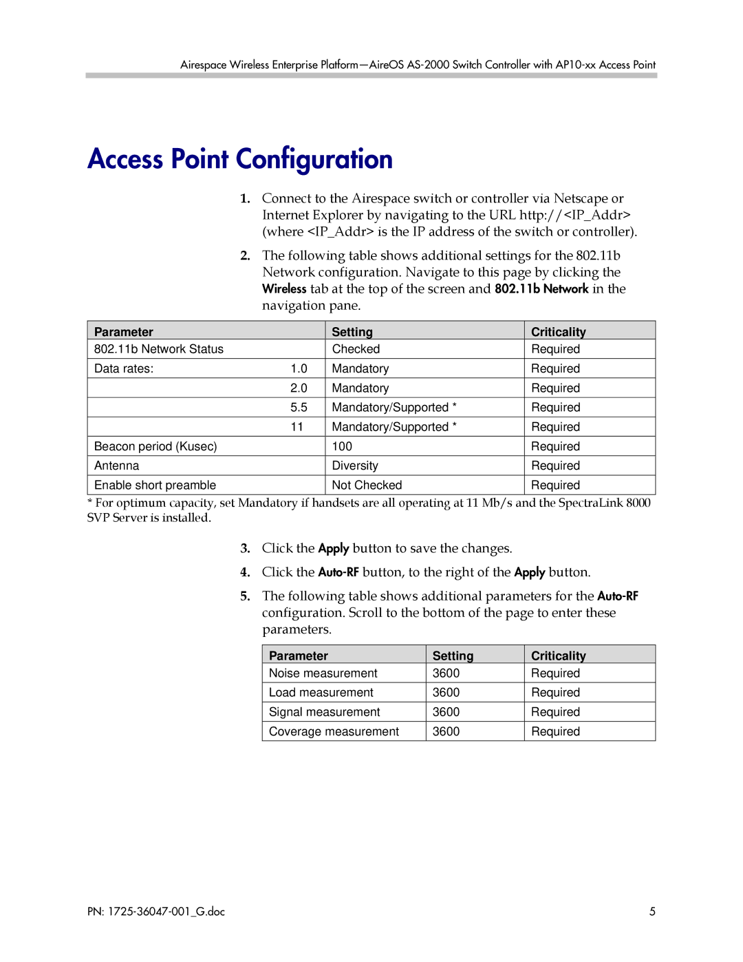 Polycom AS-2000 manual Access Point Configuration, Parameter Setting Criticality 