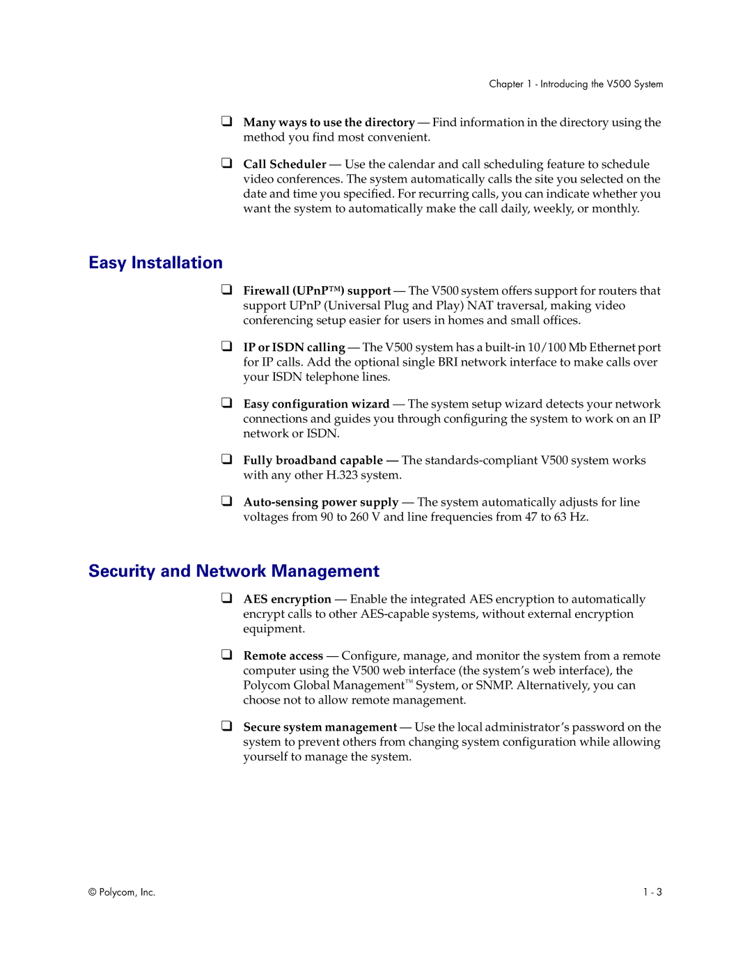 Polycom Audio and Video manual Easy Installation, Security and Network Management 