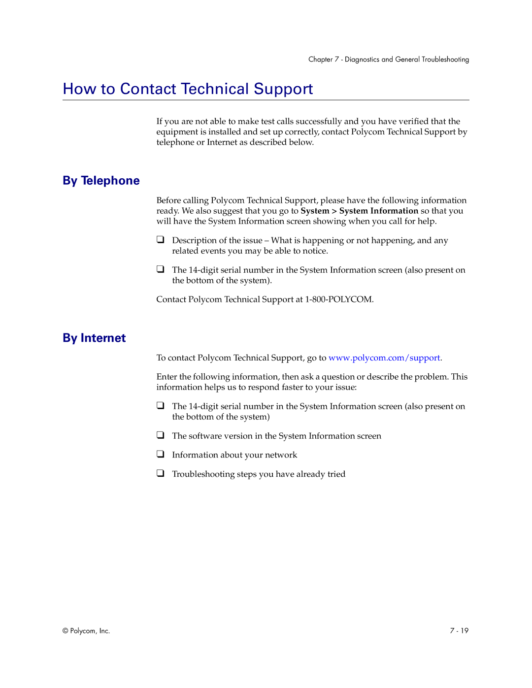 Polycom Audio and Video manual How to Contact Technical Support, By Telephone, By Internet 