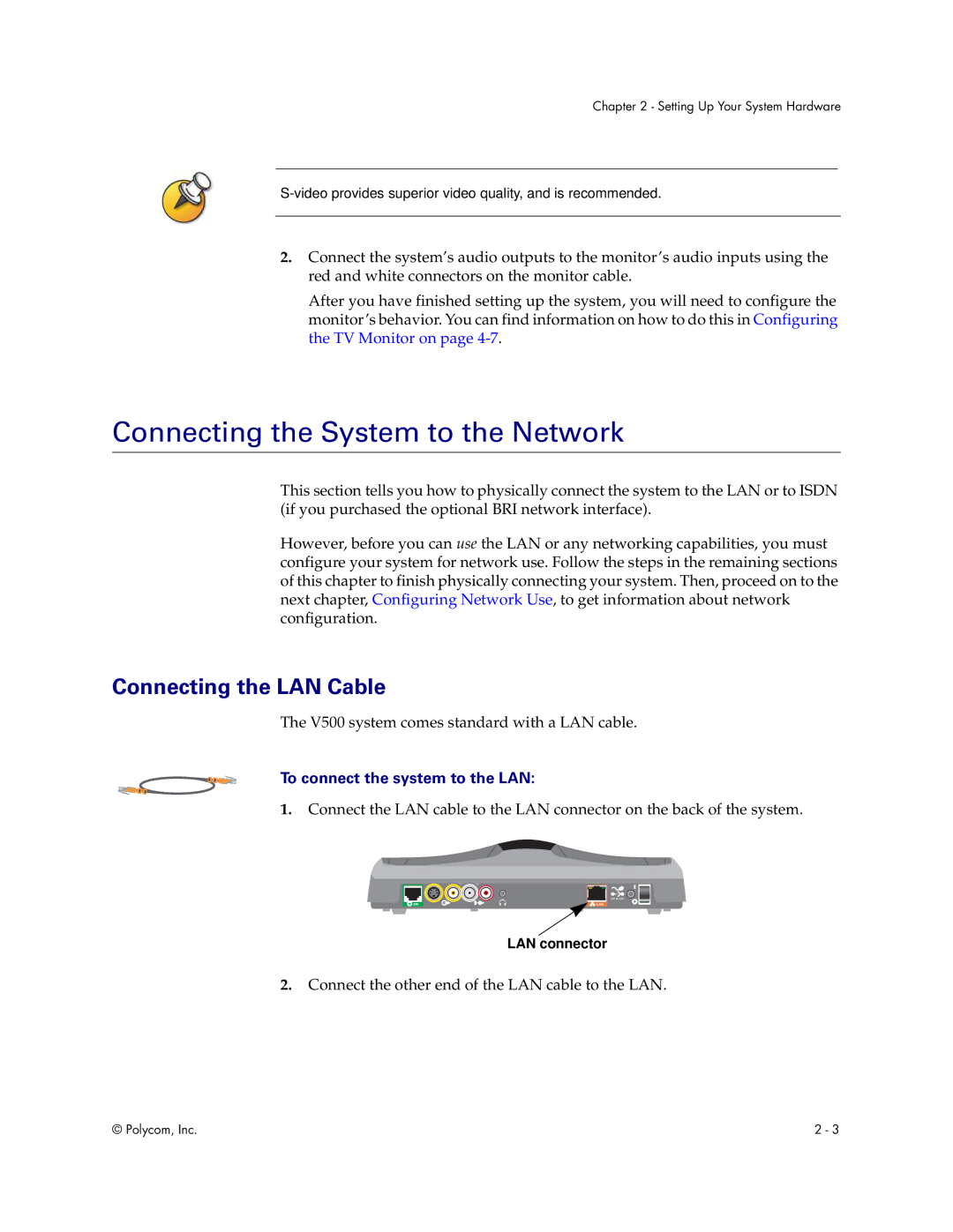 Polycom Audio and Video Connecting the System to the Network, Connecting the LAN Cable, To connect the system to the LAN 