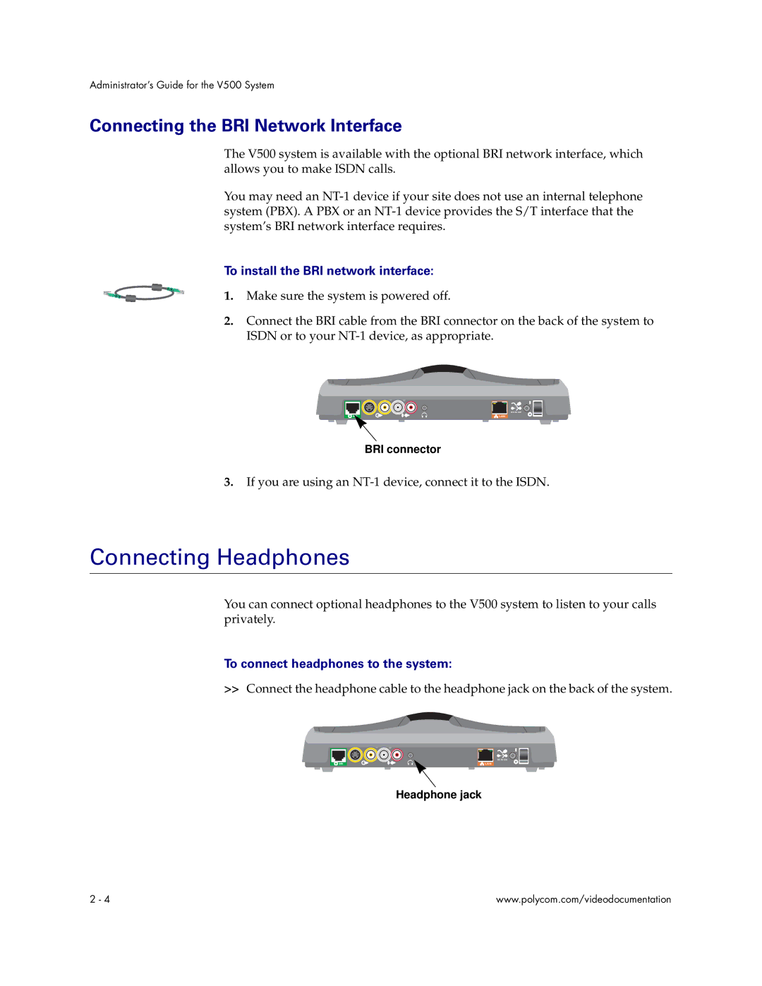 Polycom Audio and Video Connecting Headphones, Connecting the BRI Network Interface, To install the BRI network interface 