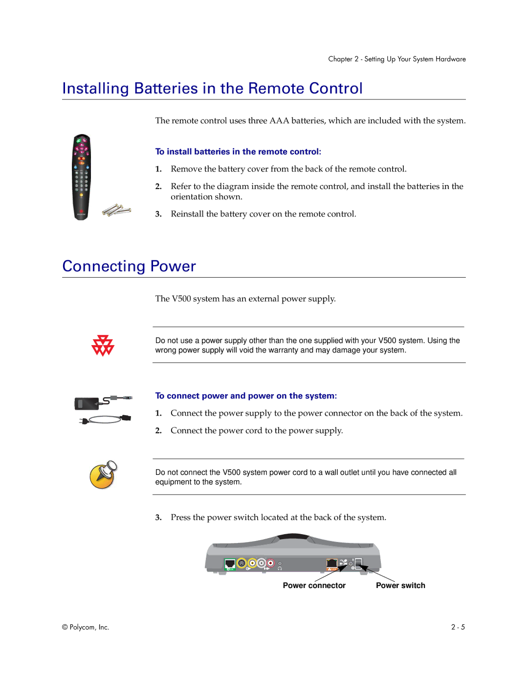 Polycom Audio and Video manual Installing Batteries in the Remote Control, Connecting Power, Power connector 