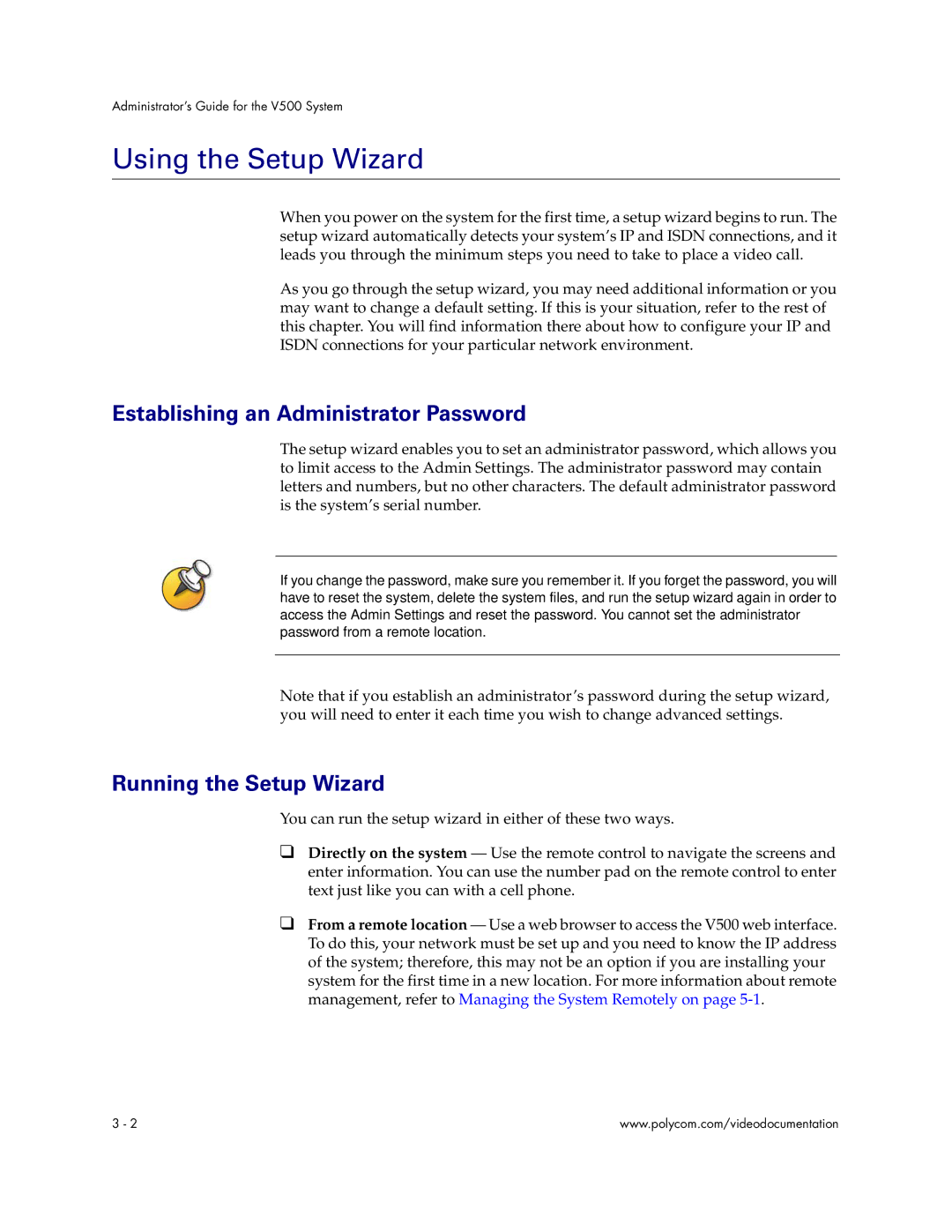 Polycom Audio and Video manual Using the Setup Wizard, Establishing an Administrator Password, Running the Setup Wizard 