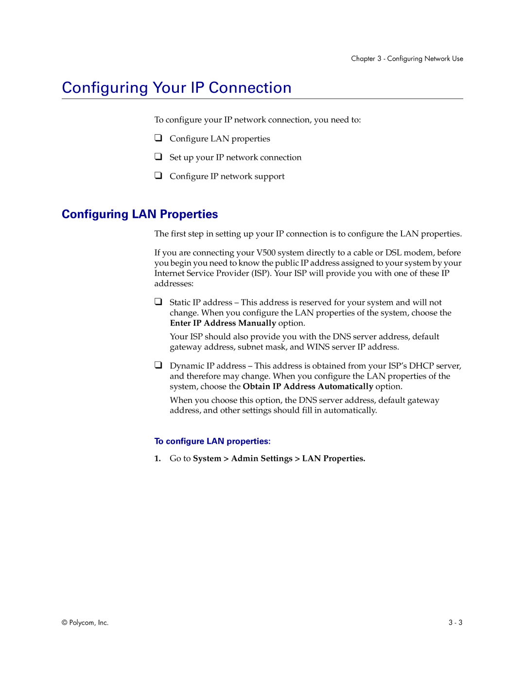 Polycom Audio and Video manual Configuring Your IP Connection, Configuring LAN Properties, To configure LAN properties 