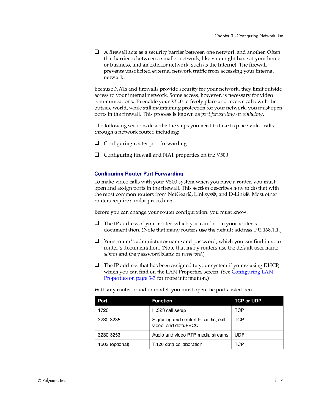 Polycom Audio and Video manual Configuring Router Port Forwarding, Port Function TCP or UDP 