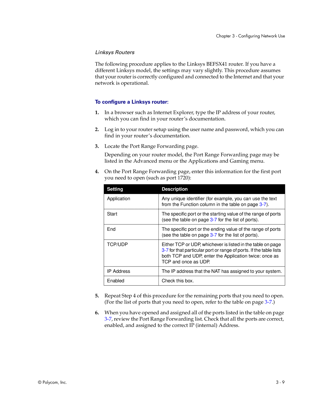 Polycom Audio and Video manual Linksys Routers, To configure a Linksys router 