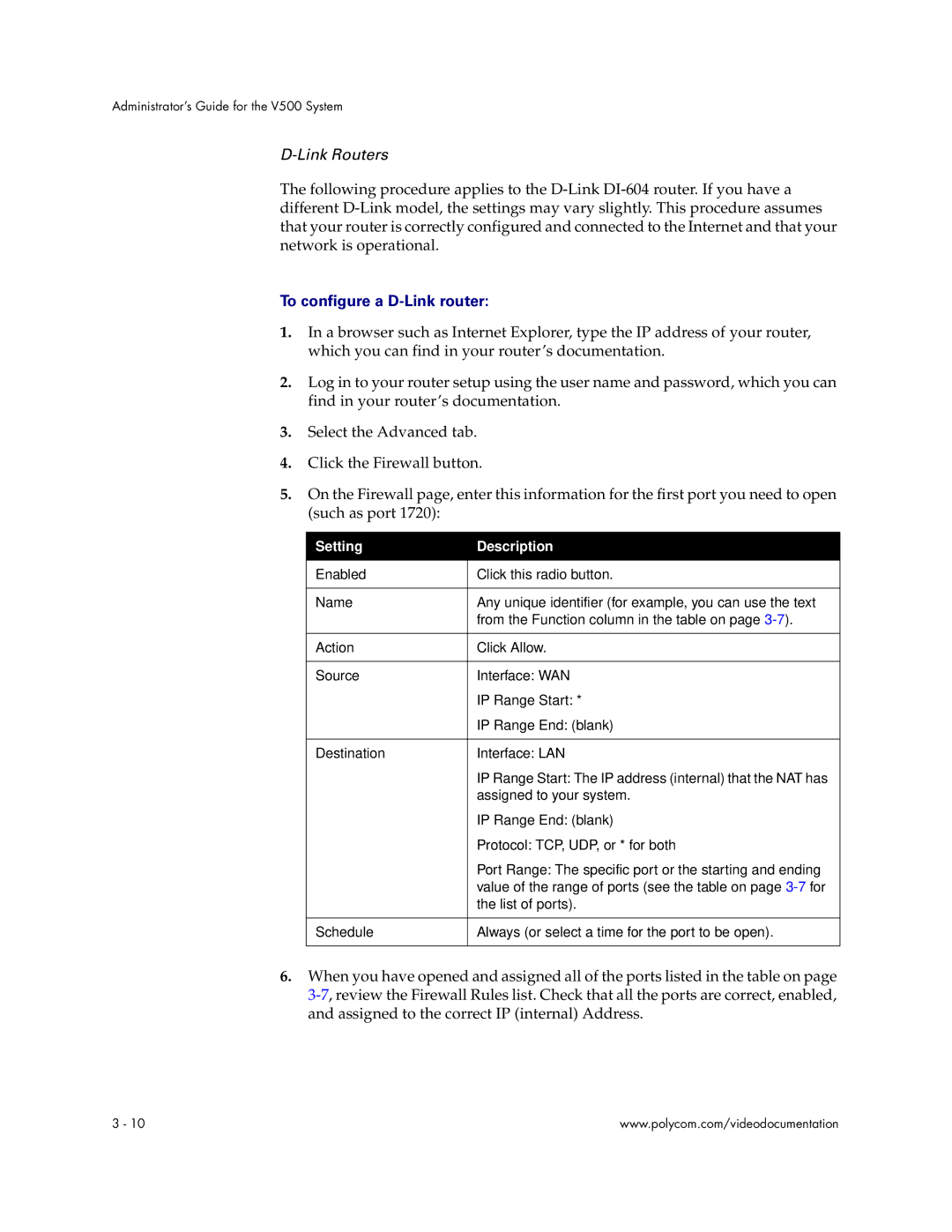 Polycom Audio and Video manual Link Routers, To configure a D-Link router 