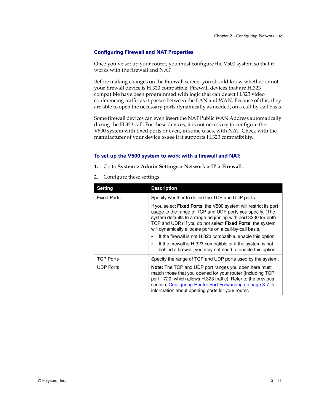 Polycom Audio and Video Configuring Firewall and NAT Properties, To set up the V500 system to work with a firewall and NAT 