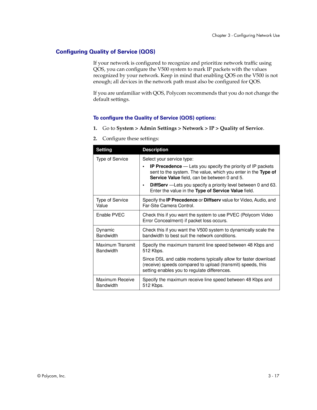 Polycom Audio and Video manual To configure the Quality of Service QOS options 