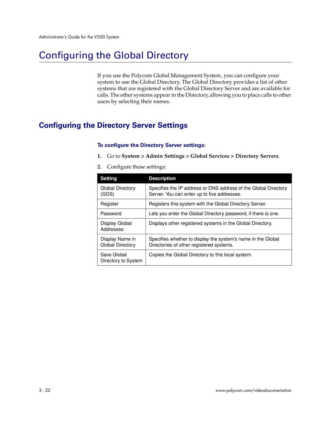 Polycom Audio and Video manual Configuring the Global Directory, Configuring the Directory Server Settings 