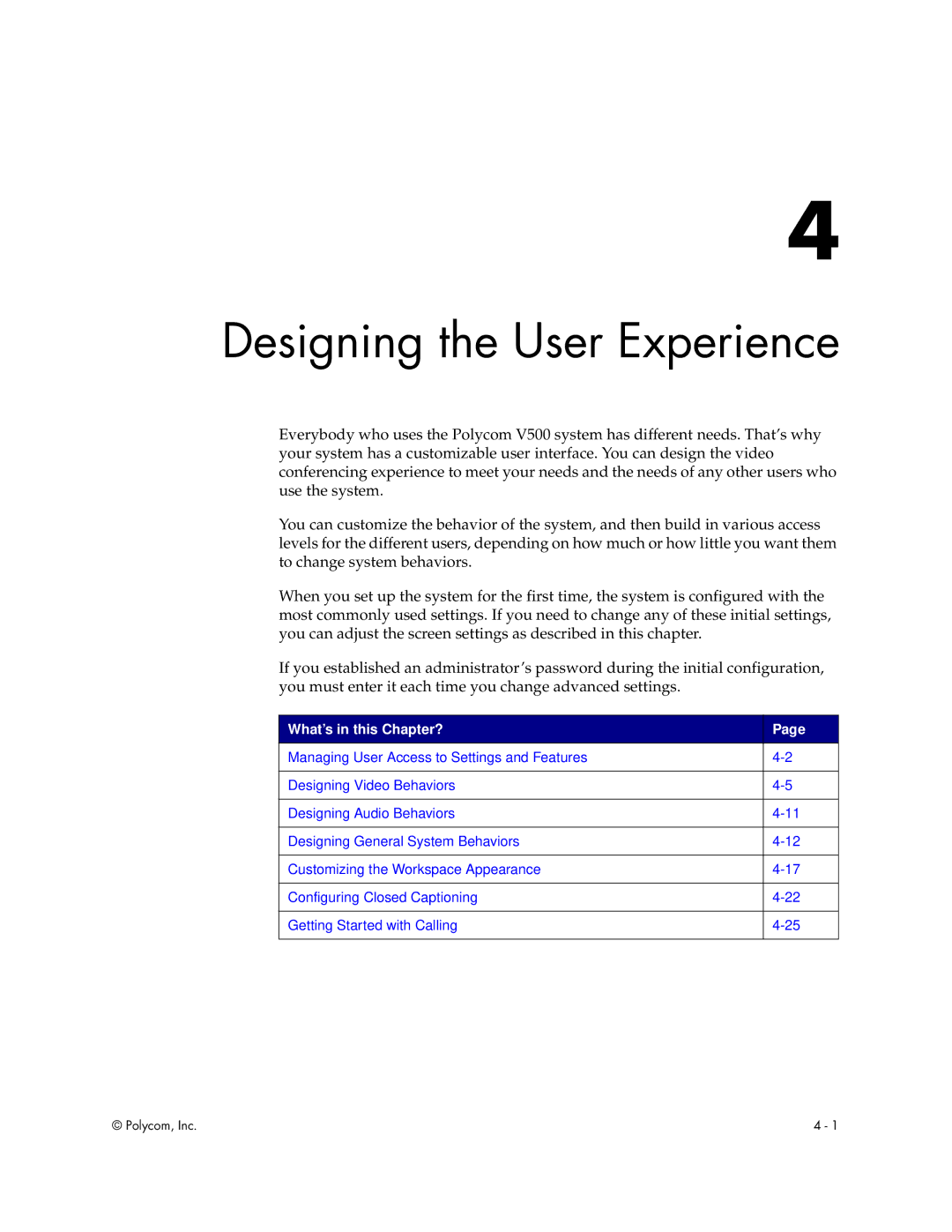 Polycom Audio and Video manual Designing the User Experience, What’s in this Chapter? 