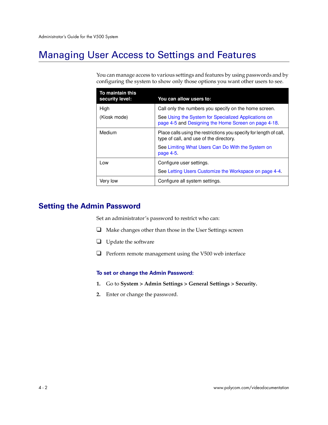 Polycom Audio and Video manual Managing User Access to Settings and Features, Setting the Admin Password 