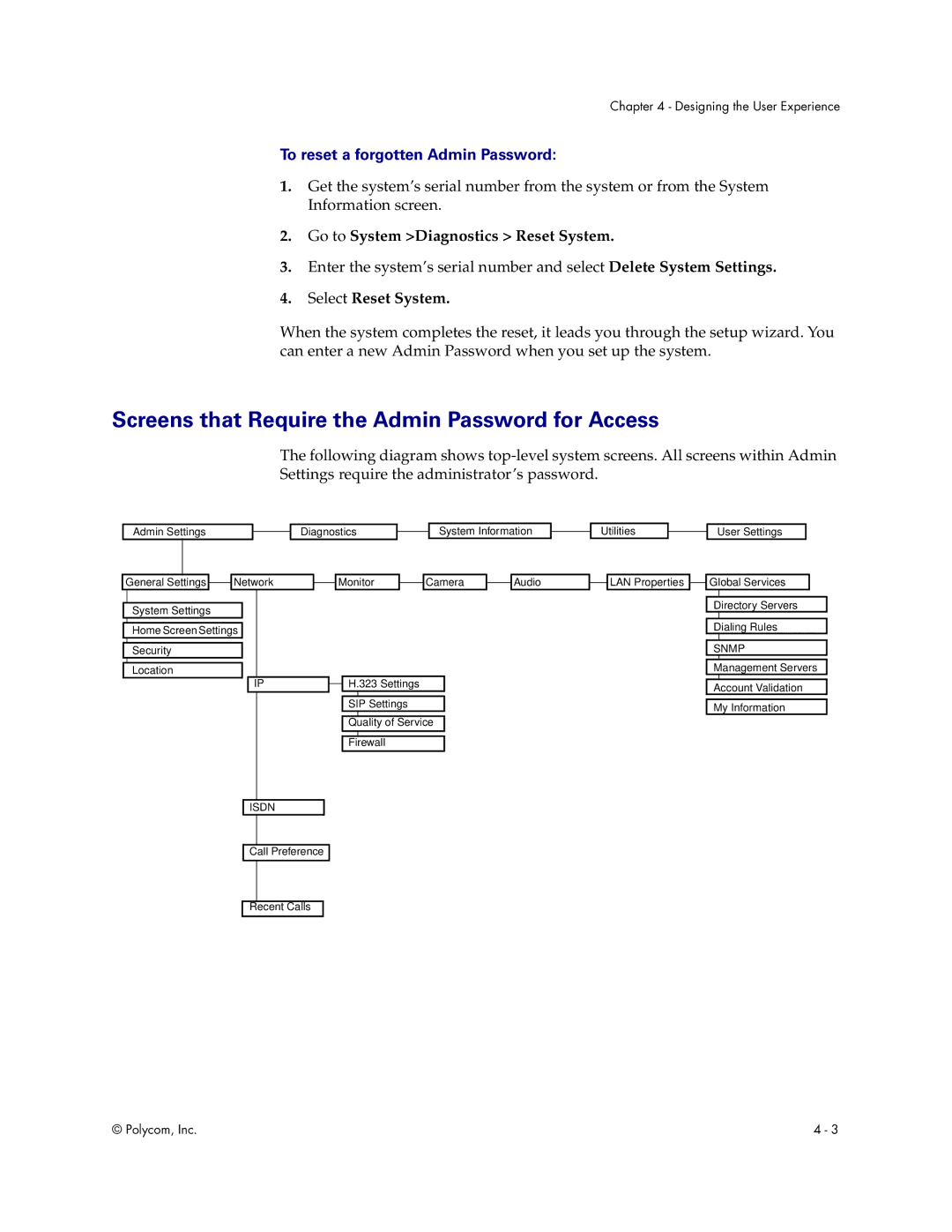 Polycom Audio and Video manual Screens that Require the Admin Password for Access, To reset a forgotten Admin Password 