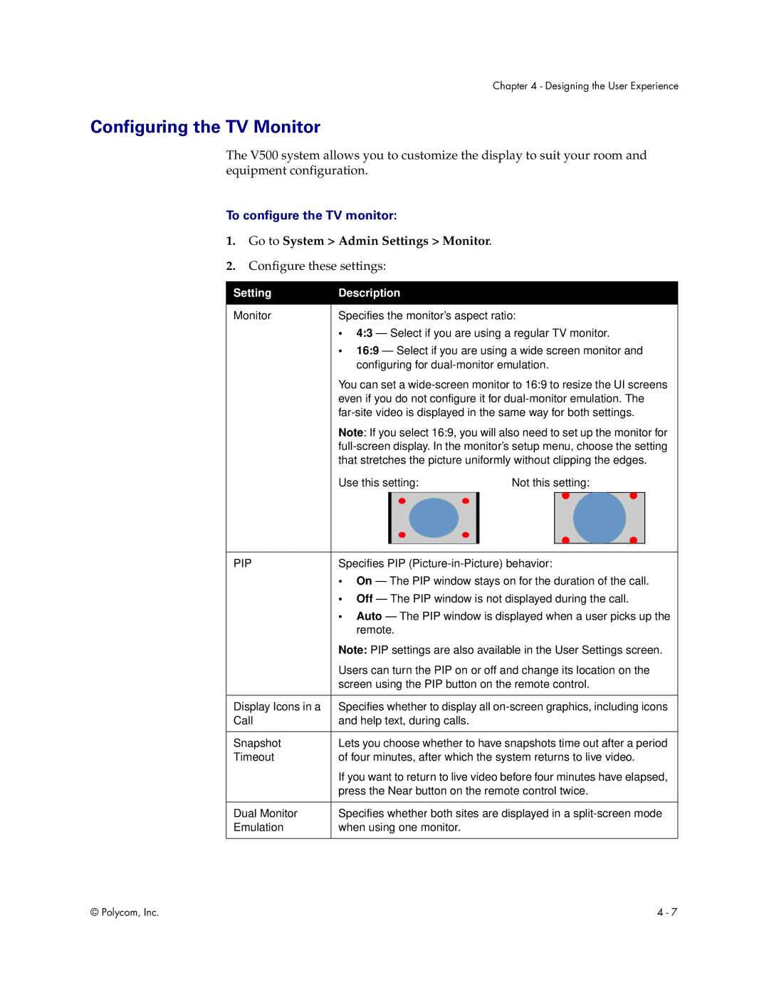 Polycom Audio and Video manual Configuring the TV Monitor, To configure the TV monitor, Go to System Admin Settings Monitor 