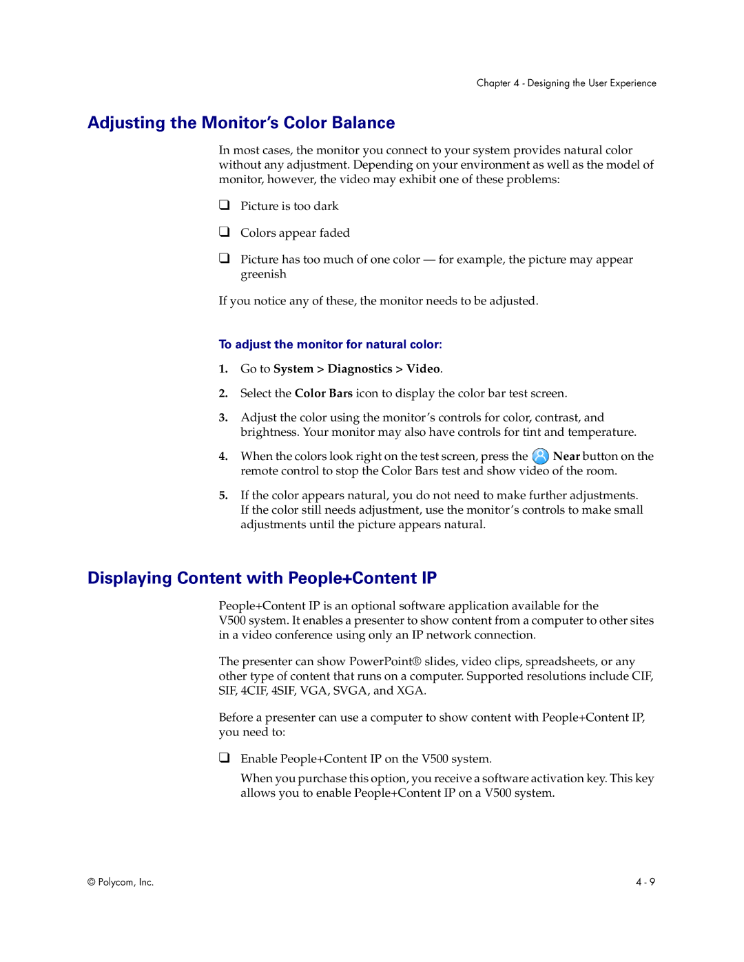 Polycom Audio and Video manual Adjusting the Monitor’s Color Balance, Displaying Content with People+Content IP 