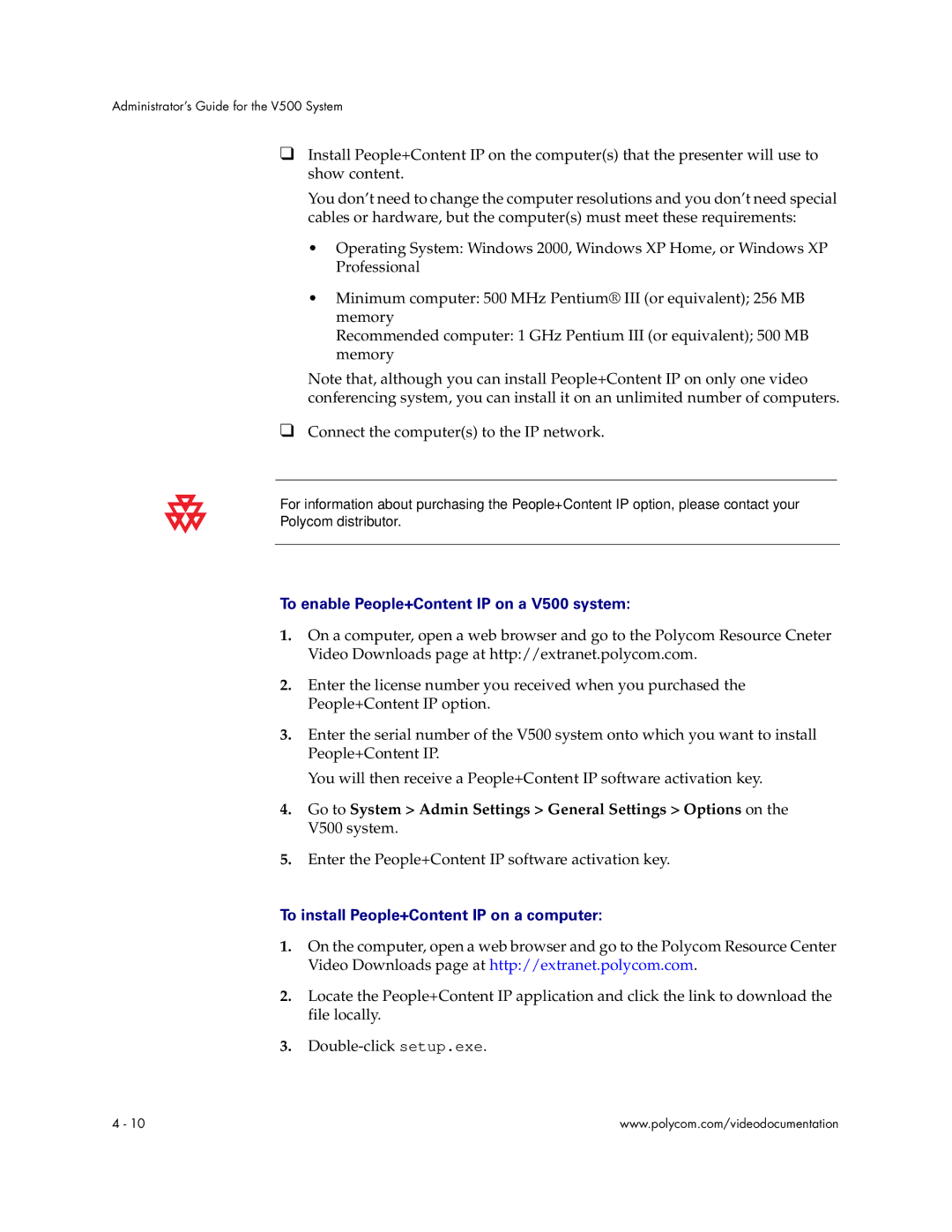 Polycom Audio and Video manual To enable People+Content IP on a V500 system, To install People+Content IP on a computer 