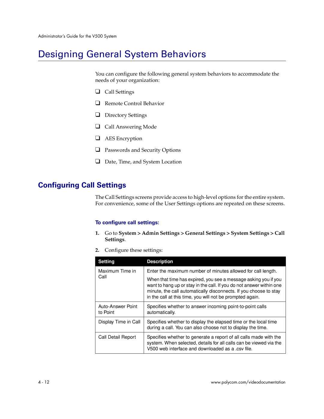 Polycom Audio and Video manual Designing General System Behaviors, Configuring Call Settings, To configure call settings 