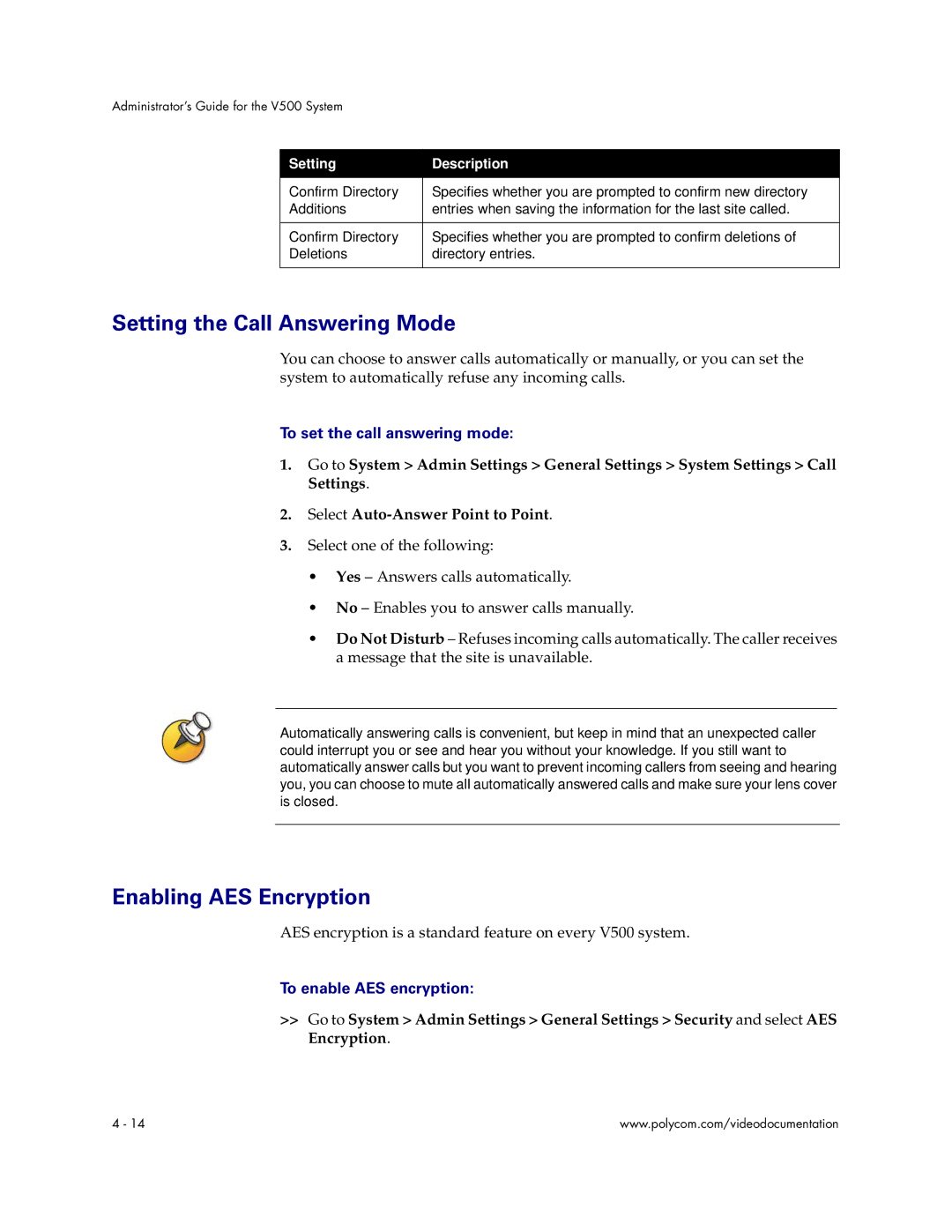 Polycom Audio and Video manual Setting the Call Answering Mode, Enabling AES Encryption, To set the call answering mode 