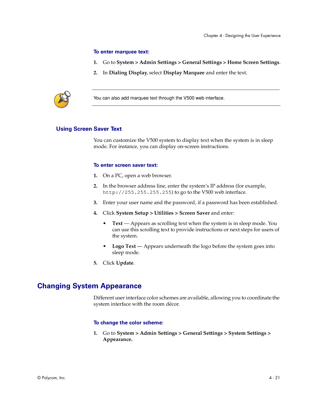 Polycom Audio and Video manual Changing System Appearance, To enter marquee text, To enter screen saver text 