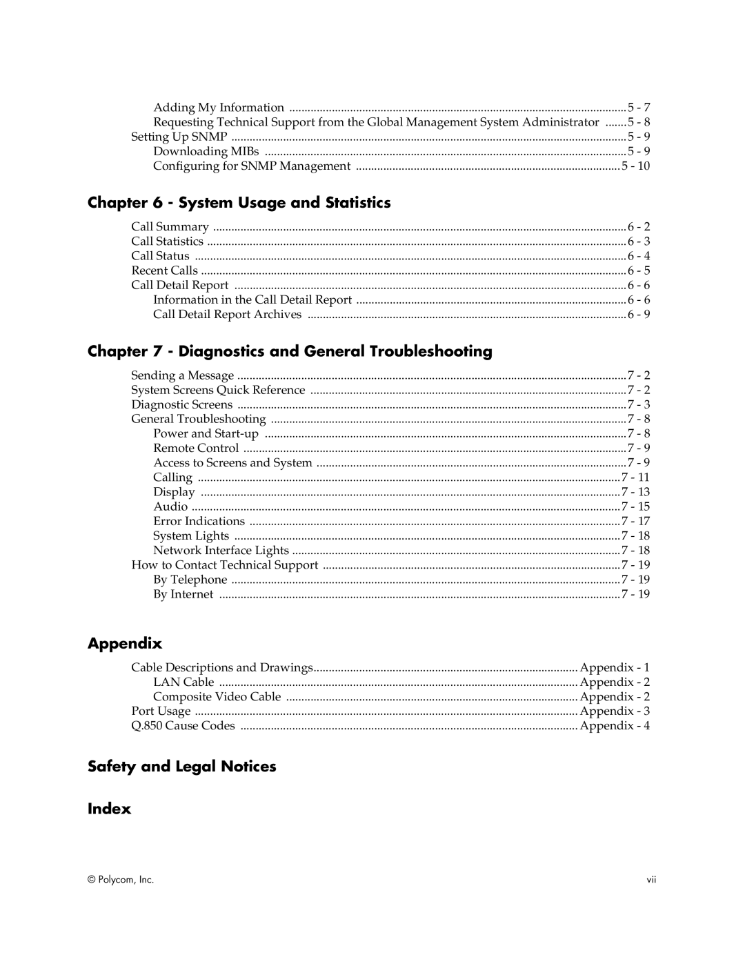 Polycom Audio and Video manual Safety and Legal Notices Index 