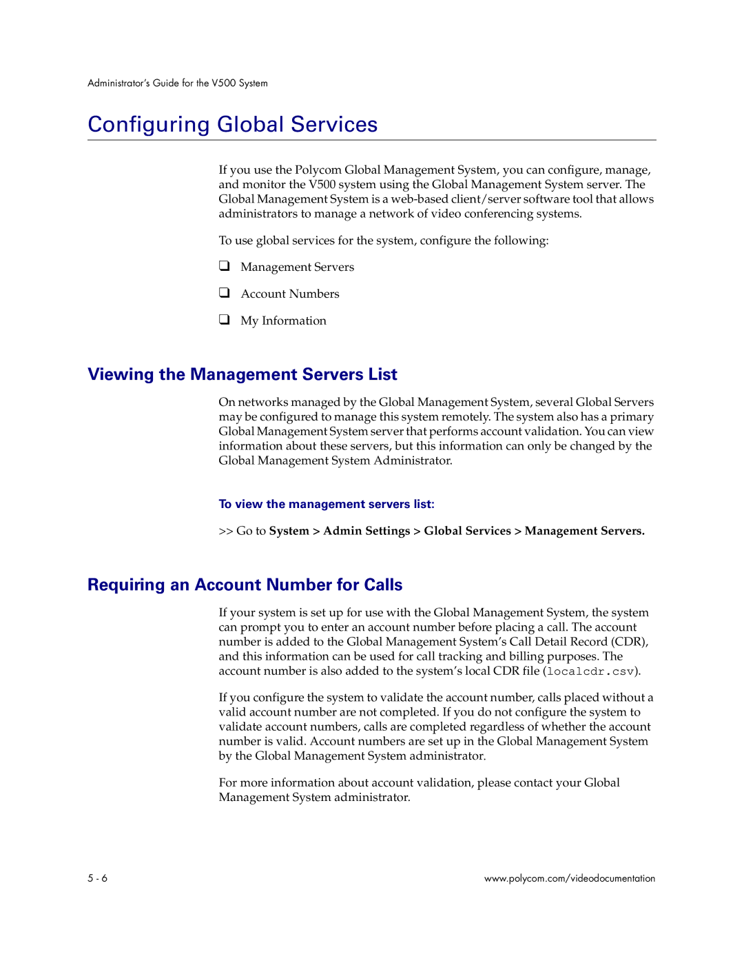 Polycom Audio and Video manual Configuring Global Services, Viewing the Management Servers List 