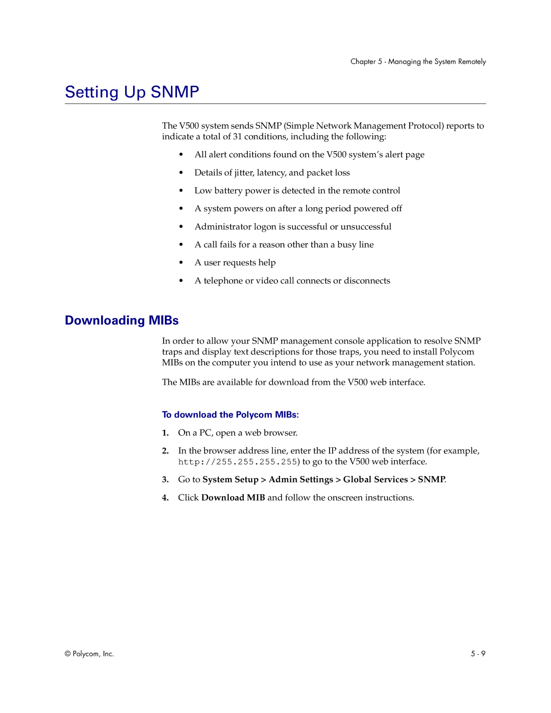 Polycom Audio and Video manual Setting Up Snmp, Downloading MIBs, To download the Polycom MIBs 