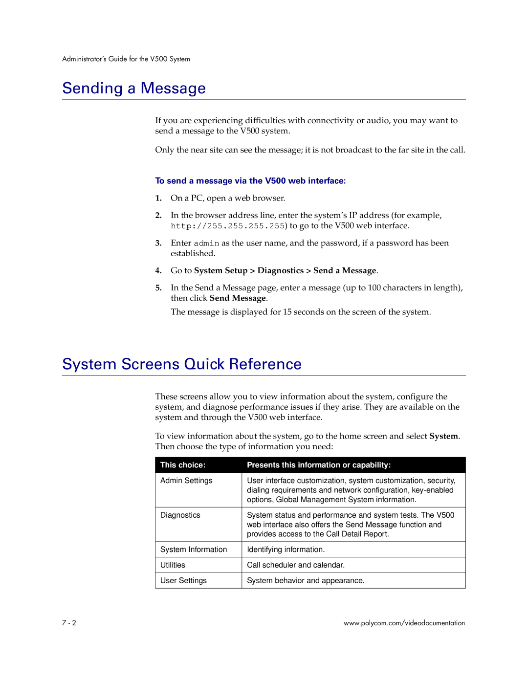 Polycom Audio and Video Sending a Message, System Screens Quick Reference, To send a message via the V500 web interface 