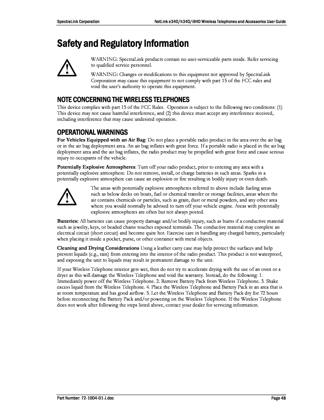 Polycom BPN100, BPX100 Safety and Regulatory Information, Note Concerning The Wireless Telephones, Operational Warnings 
