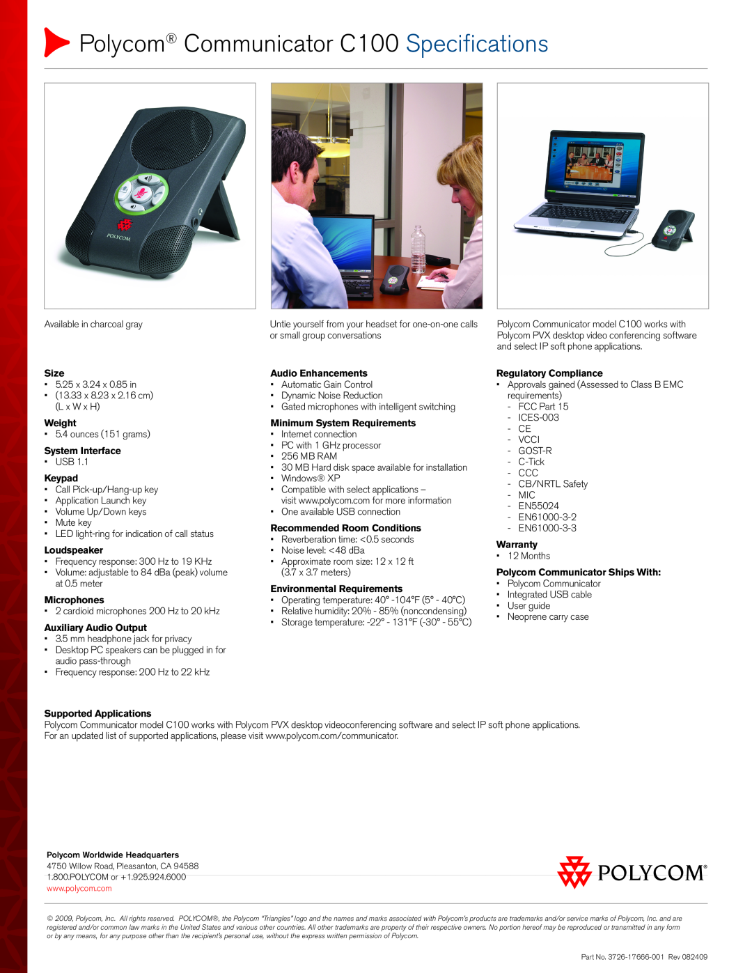Polycom 3726-17666-001 manual Polycom Communicator C100 Specifications 