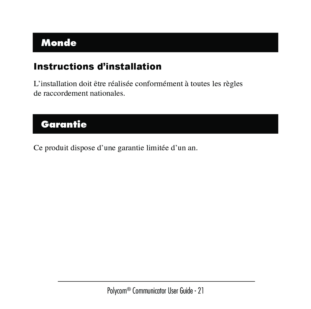 Polycom C100 manual Monde, Instructions d’installation, Garantie 