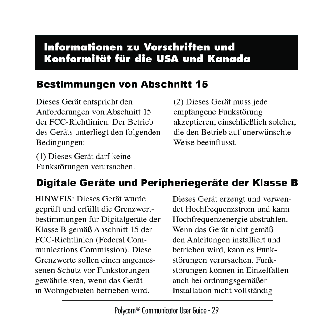 Polycom C100 manual Bestimmungen von Abschnitt, Digitale Geräte und Peripheriegeräte der Klasse B 