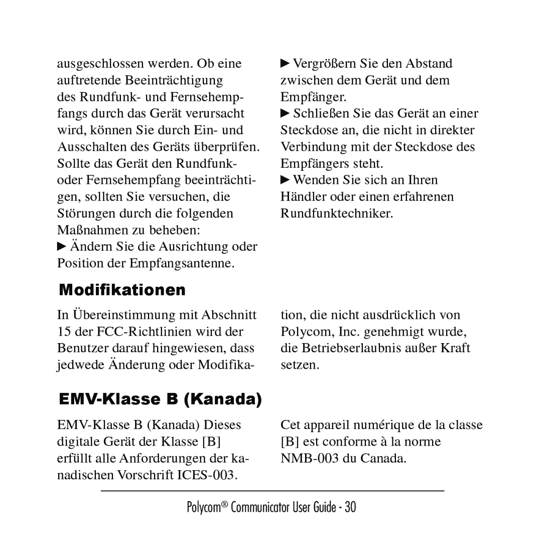 Polycom C100 manual Modiﬁkationen, EMV-Klasse B Kanada 