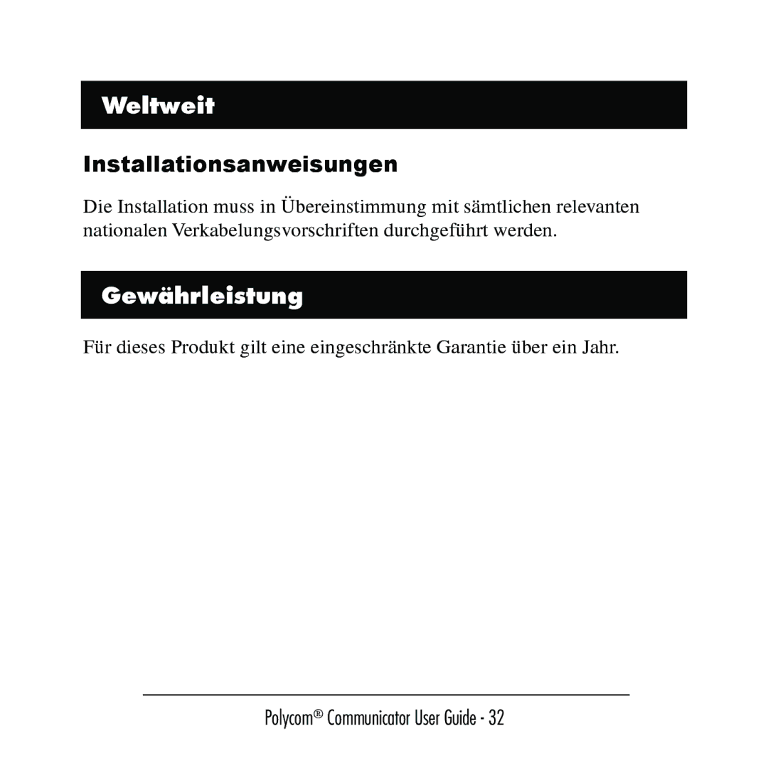 Polycom C100 manual Weltweit, Installationsanweisungen, Gewährleistung 