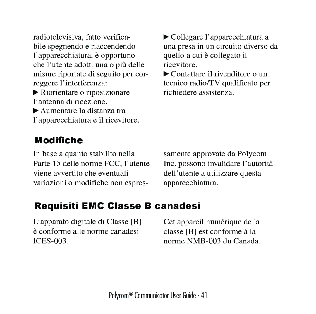 Polycom C100 manual Modiﬁche, Requisiti EMC Classe B canadesi 