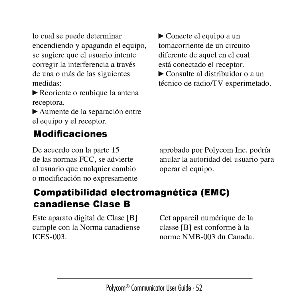 Polycom C100 manual Modiﬁcaciones, Compatibilidad electromagnética EMC canadiense Clase B 