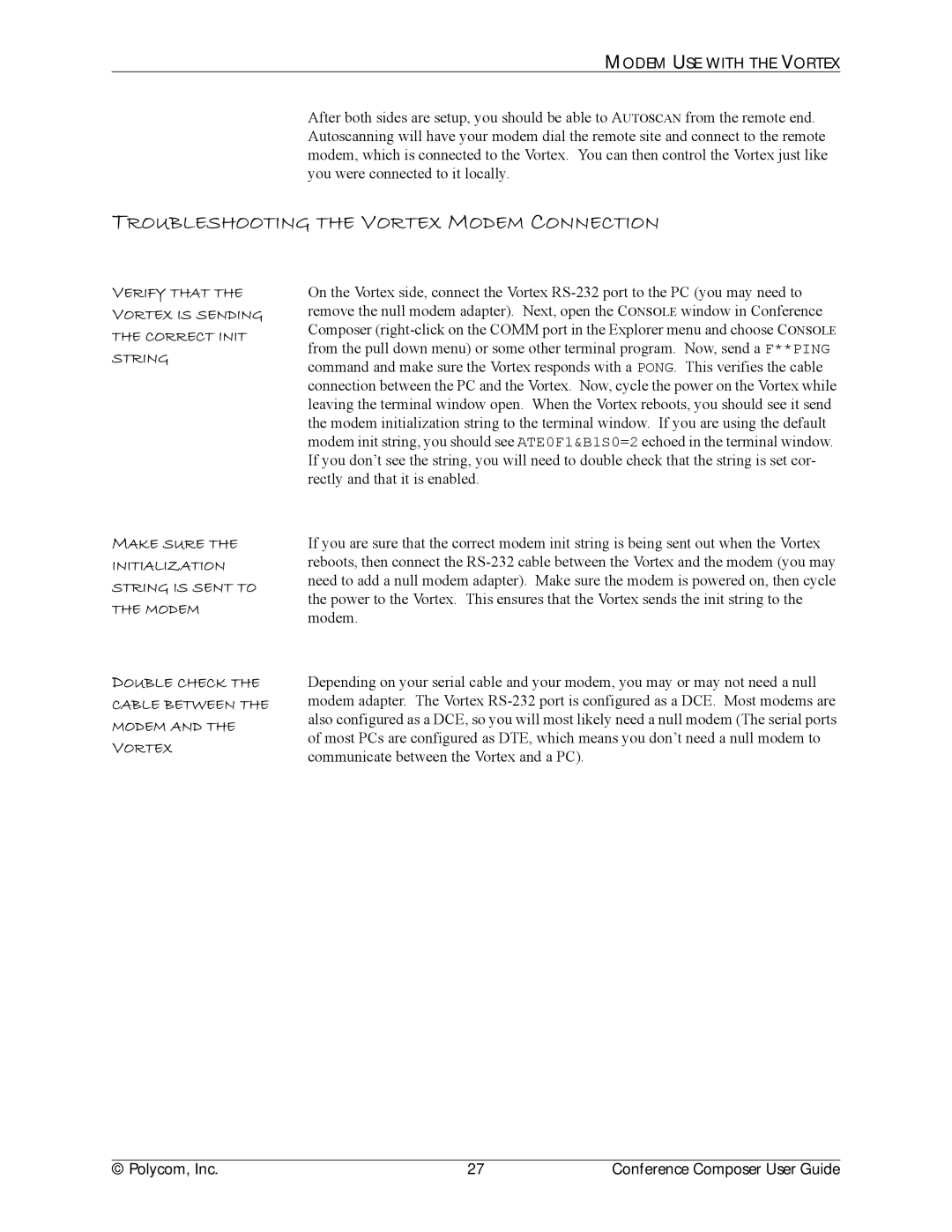 Polycom CCUG-0100-01 manual Troubleshooting the Vortex Modem Connection, Verify That Vortex is Sending Correct Init String 