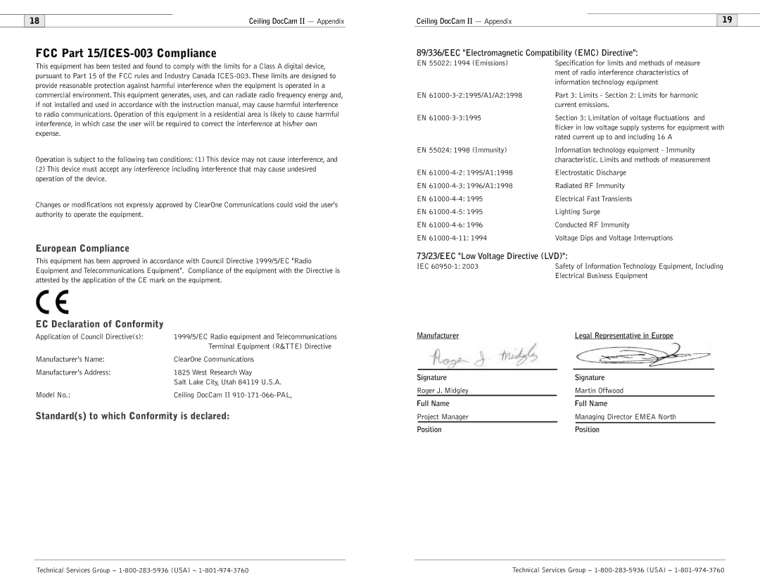 Polycom Ceiling DocCam user manual FCC Part 15/ICES-003 Compliance, European Compliance, EC Declaration of Conformity 