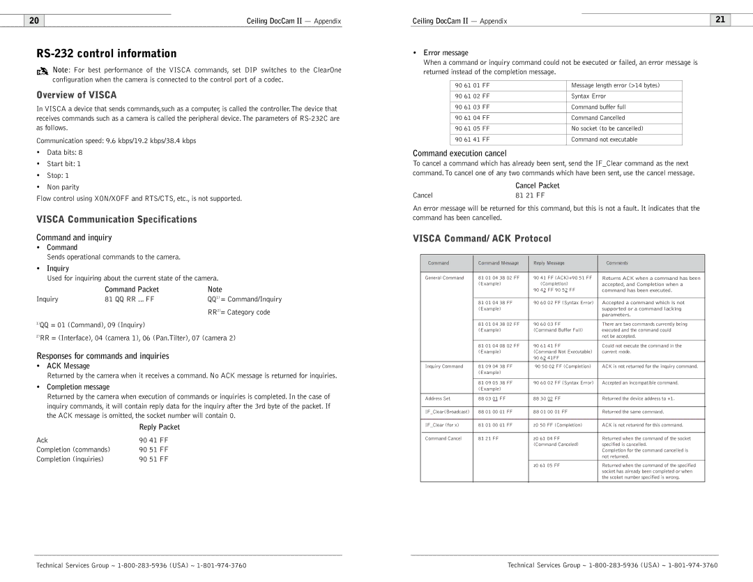 Polycom Ceiling DocCam user manual RS-232 control information, Overview of Visca, Visca Communication Specifications 