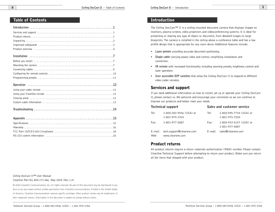 Polycom Ceiling DocCam user manual Table of Contents, Introduction 