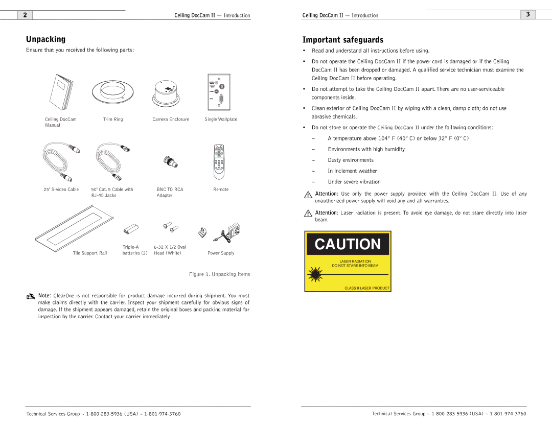 Polycom Ceiling DocCam user manual Unpacking, Important safeguards, BNC to RCA 