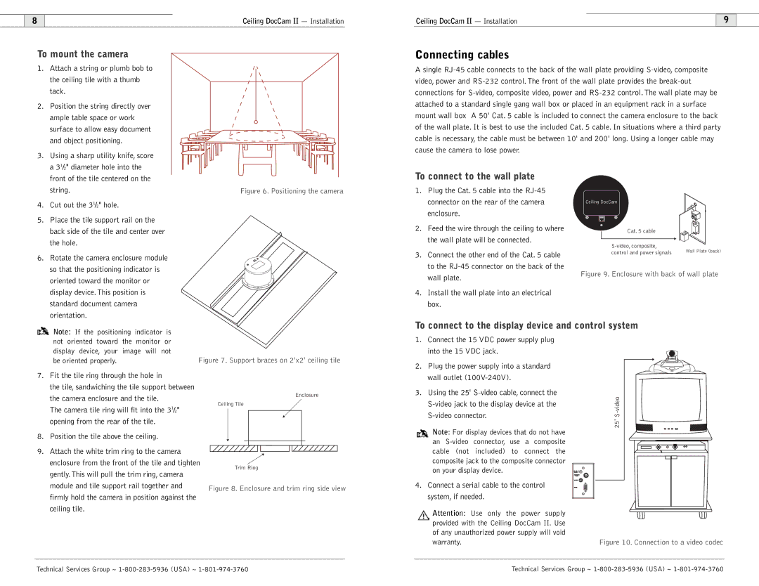 Polycom Ceiling DocCam user manual Connecting cables, To mount the camera, To connect to the wall plate 