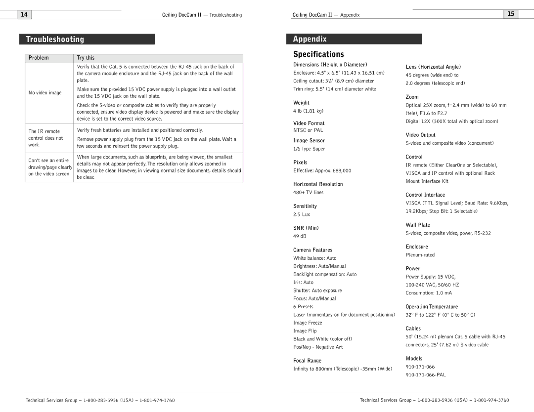 Polycom Ceiling DocCam user manual Troubleshooting, Appendix, Specifications 