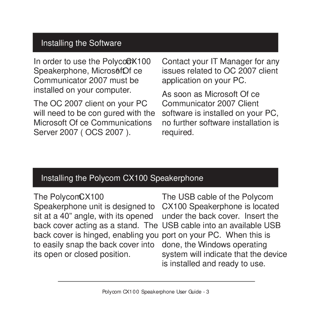 Polycom Conference Phone manual Installing the Software, Installing the Polycom CX100 Speakerphone 