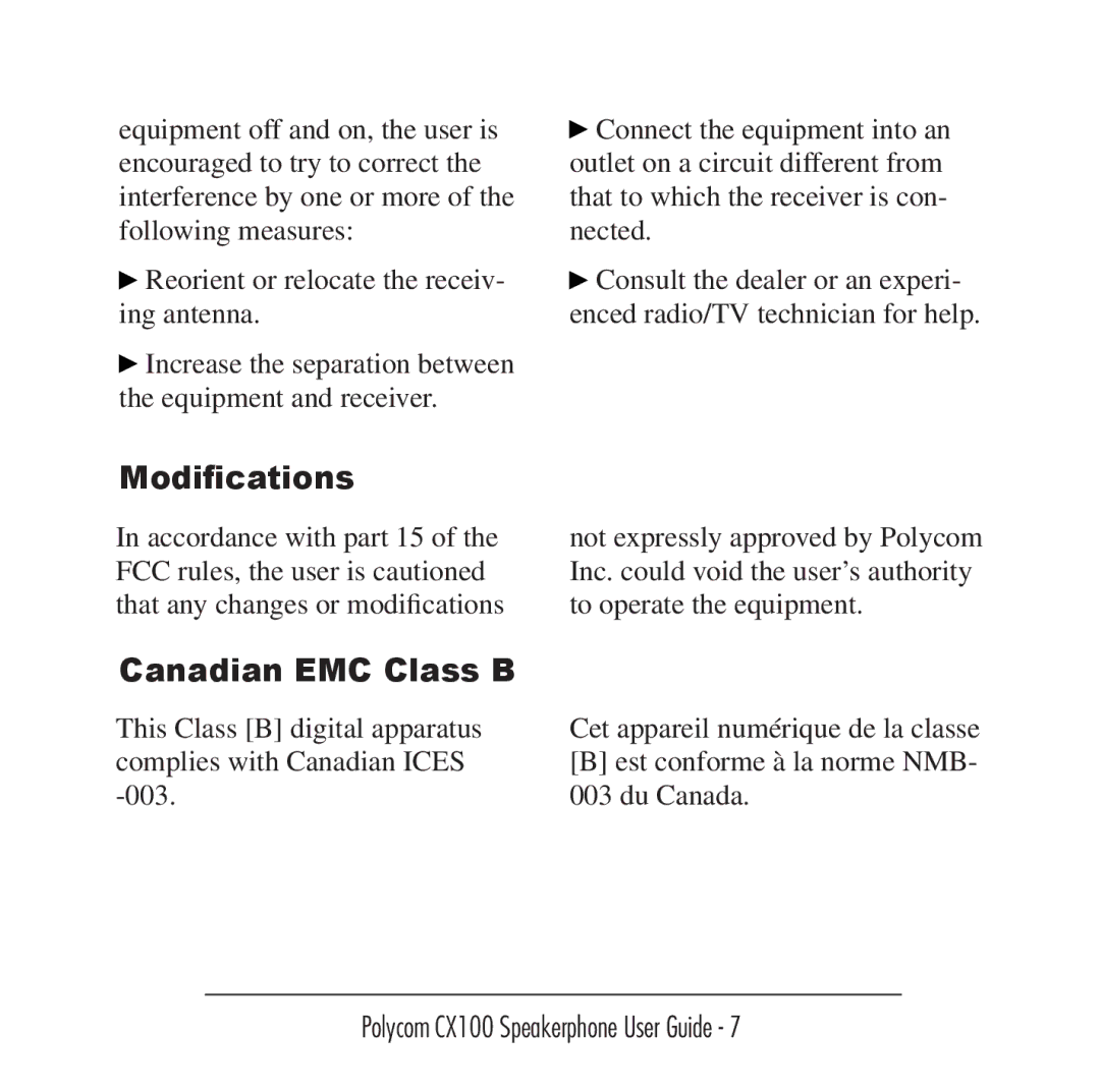 Polycom Conference Phone manual Modifications, Canadian EMC Class B 