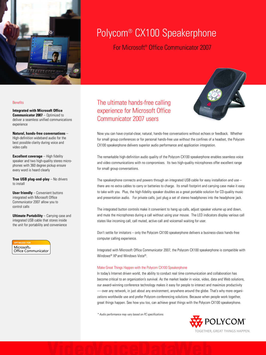 Polycom CX100MS, 3726-17776-001 specifications Benefits, Make Great Things Happen with the Polycom CX100 Speakerphone 
