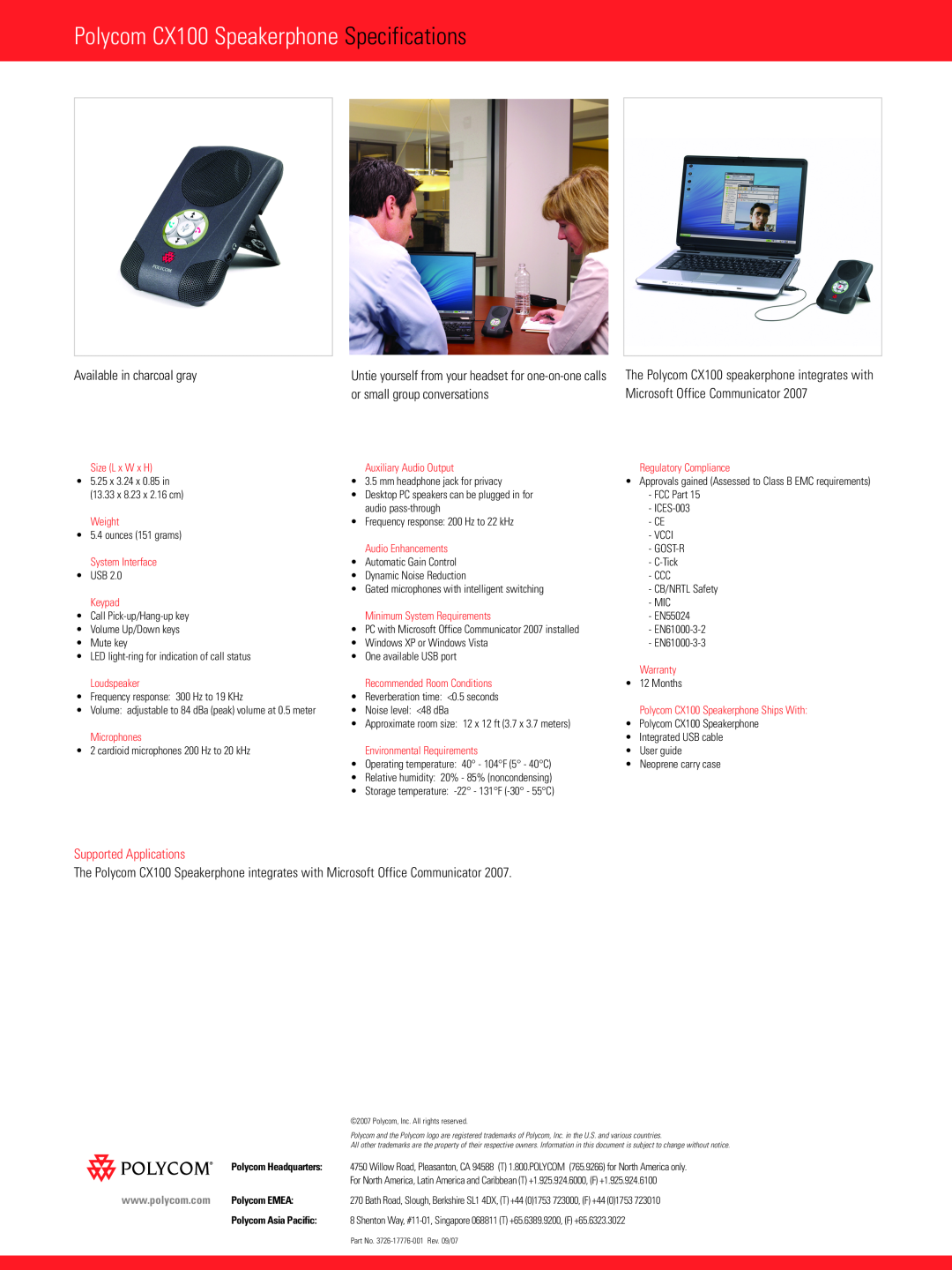 Polycom 3726-17776-001, CX100MS Supported Applications, Polycom CX100 Speakerphone Specifications, Polycom EMEA 