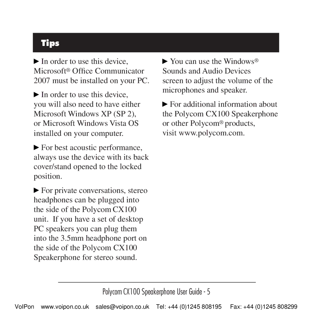 Polycom CX100 manual Tips 