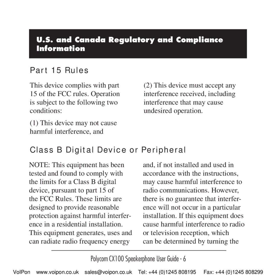 Polycom CX100 manual Part 15 Rules, Class B Digital Device or Peripheral, Canada Regulatory and Compliance Information 