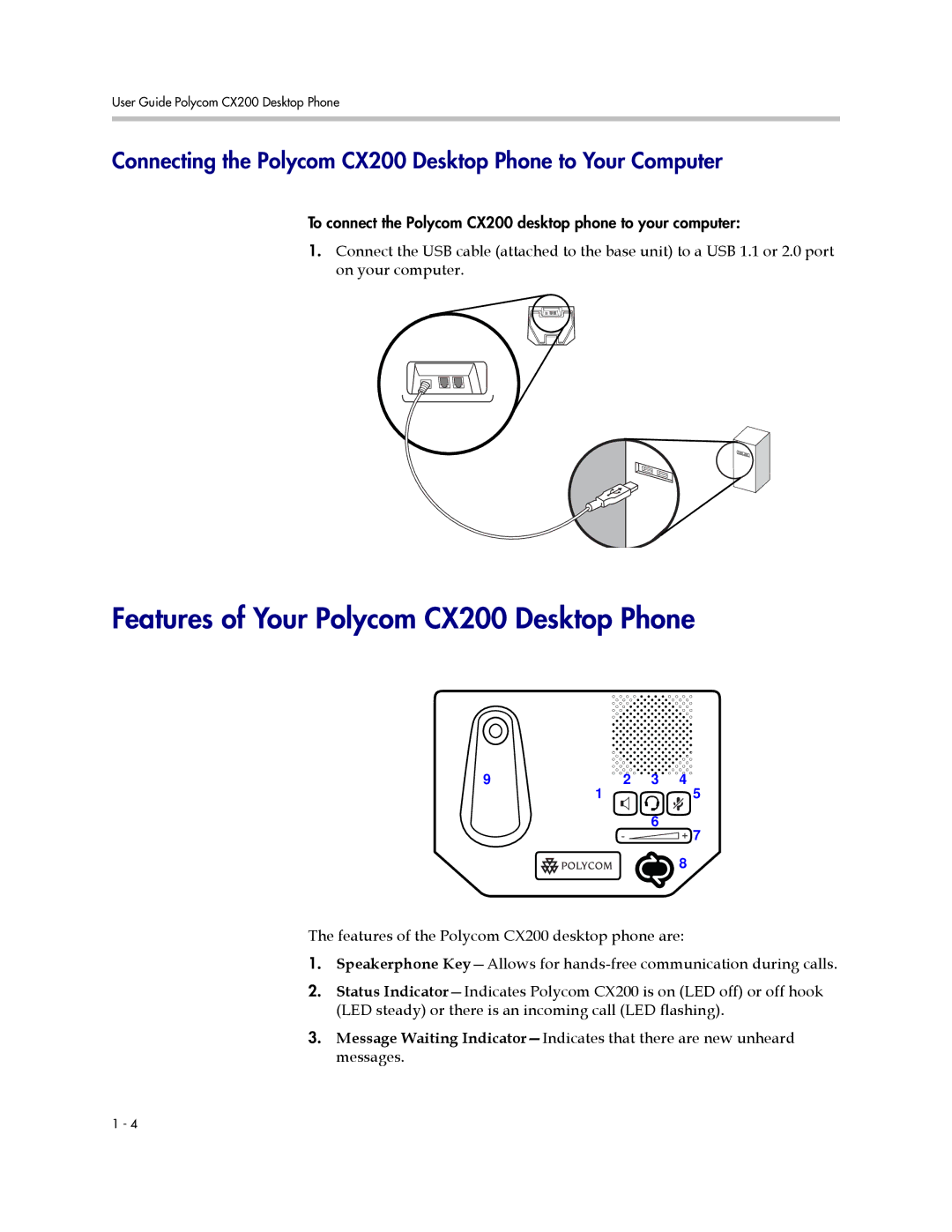 Polycom manual Features of Your Polycom CX200 Desktop Phone, Connecting the Polycom CX200 Desktop Phone to Your Computer 