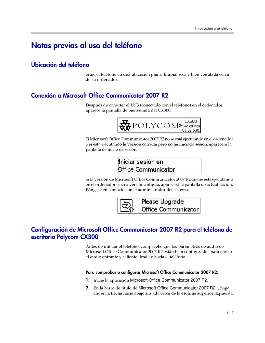 Polycom CX300 Notas previas al uso del teléfono, Ubicación del teléfono, Conexión a Microsoft Office Communicator 2007 R2 